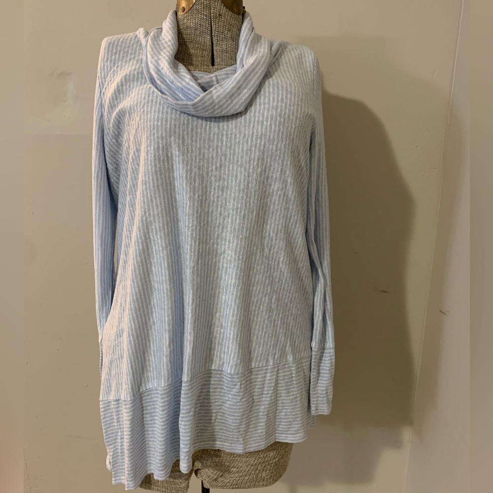 CJ Banks Light Blue Striped Cowl Neck Sweater